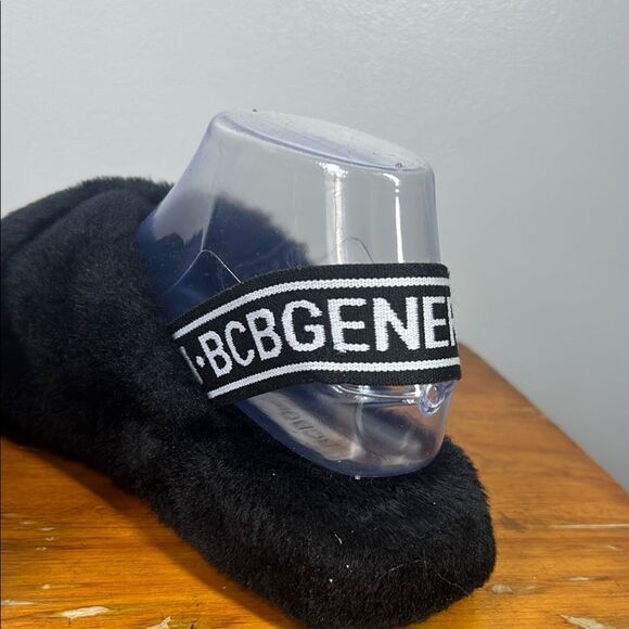 BCBGeneration Fuzzy Black Slide Sandals with Logo Strap - Picture 3 of 6